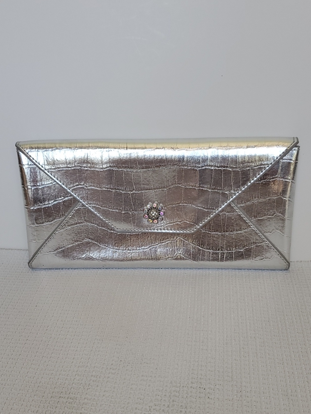 Spring Street Silver Croc-Embossed Faux Leather Envelope Clutch Crystal Detail